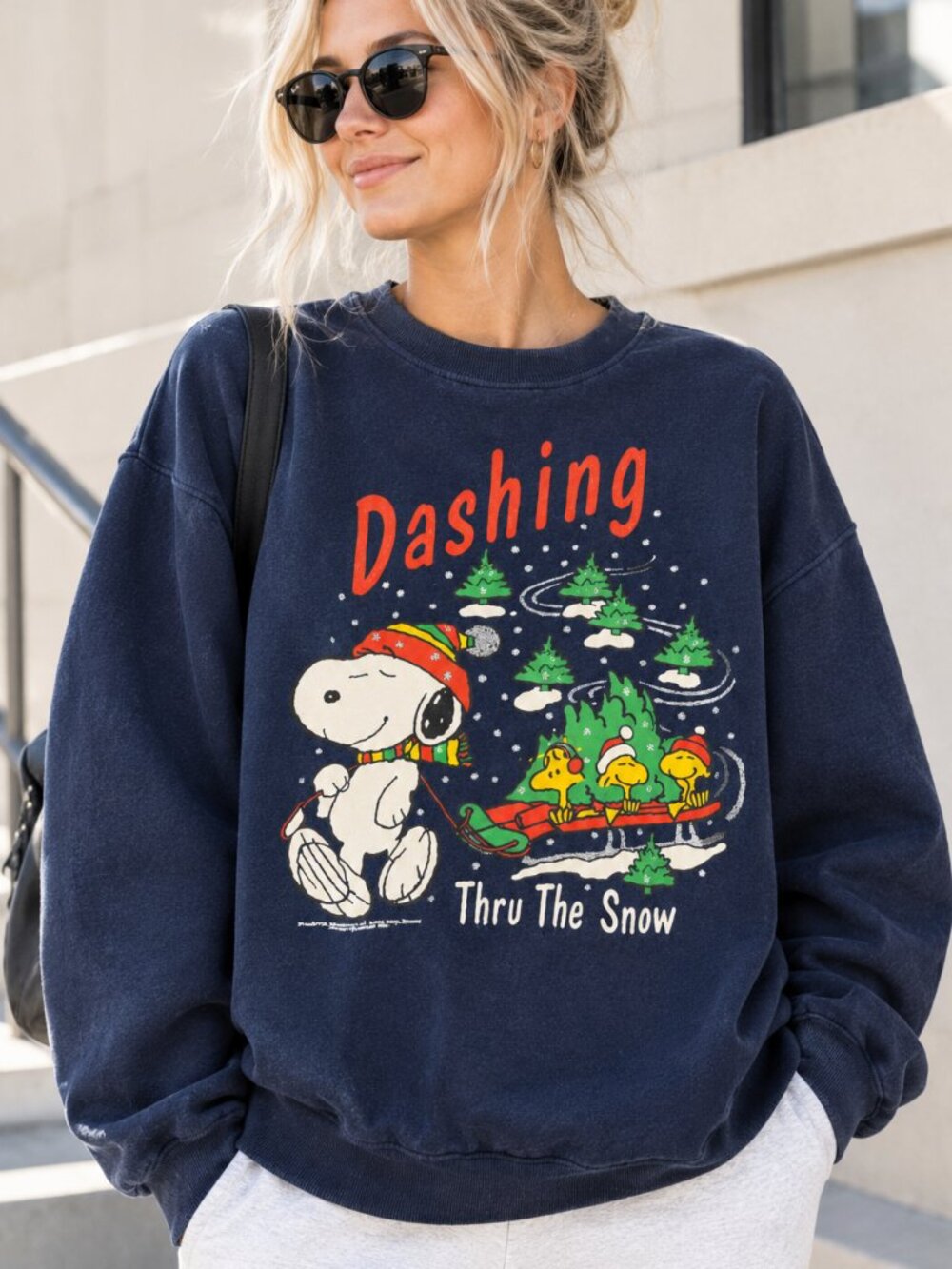 Navy Snoopy Dashing Thru The Snow Christmas Graphic Sweatshirt For Holiday Fans